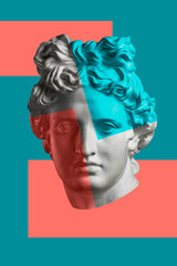 Contemporary art concept collage with antique statue head in a surreal style. Modern unusual art.