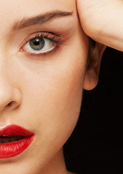 Woman face beauty closeup with mascara and red lipstick