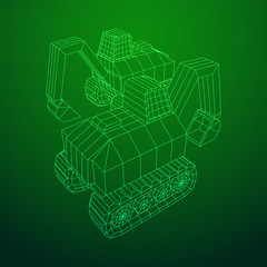 Excavator heavy equipment construction company. Wireframe low poly mesh vector illustration