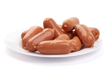 Fresh boiled sausages, isolated on white background