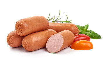 Fresh boiled sausages with basil, isolated on white background
