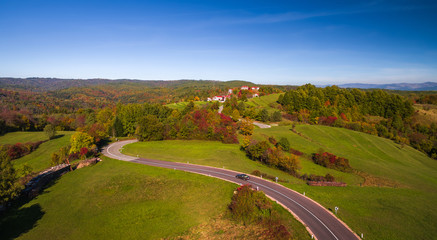 Aerial drone view of amazing autumn colors in fall landscape. Brkini, Slovenia