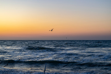 Fototapeta na wymiar Sunrise over the Black sea, waves on the sandy beach.