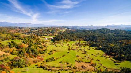 Aerial drone view of amazing autumn colors in fall landscape. Brkini, Slovenia