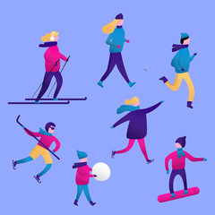 Winter sports with people, men and women, children and family. Vector scene with skiing, skating, snowboarding. Flat characters isolated. Christmas design for greeting card, poster, banner.