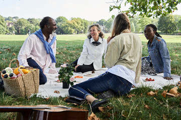 Senior friends picnic park.
