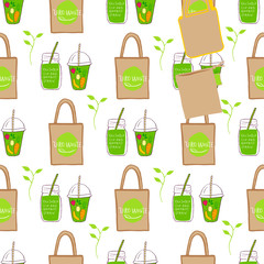 Template for seamless pattern with Zero waste concept. No plastic elements of eco life: reusable paper,  glass, jars. Vector go green, bio logo or sign. Organic design textile