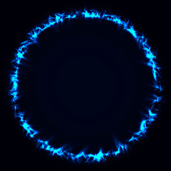 Abstract stipple background. Blue luminous circles. Azure glowing circle. Indigo light ring. Ultramarine sparking particles. Colorful ellipse. Bright border.