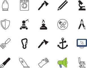 equipment vector icon set such as: arrow, cooking, guarantee, travelling, farming, automatic, gardening, hook, heavy, macro, nautical, alert, hydraulic, smoothing, engineer, glove, set, test, clipper
