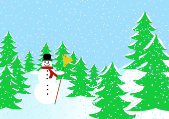 Snowman with a red scarf, a black hat and a broom. The snowman in the middle of the forest. The snow falling.