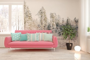 Stylish room in white color with sofa anr decorated wall. Scandinavian interior design. 3D illustration