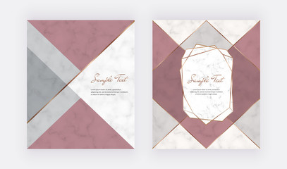 Geometric cover design with pink and gray triangular shapes and golden lines on the marble texture. Template for wedding invitation, blog posts, banner, card, save the date, poster, flyer	