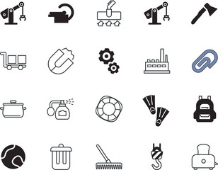 equipment vector icon set such as: portable, survival, magnetism, diver, teamwork, truck, cooking, patient, safe, sun, household, chef, tomography, wood, crane, tennis, agricultural, attach, dust