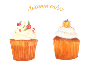 watercolor set with pumpkins cuocakes. Cupcakes with berry. Sweet design