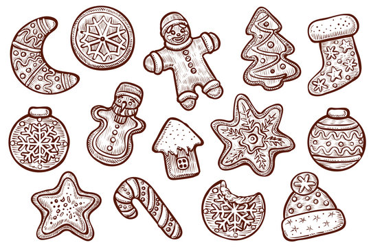 Gingerbread cookies vector, line drawings. Christmas gingerman, icing sweet house.