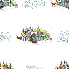 Seamless Christmas Pattern with blue Cottage House, deers, trees and Merry Christmas Lettering Text. Winter Scenery Wallpapers. Wrapping Xmas 