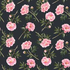 Watercolor peony seamless vector pattern