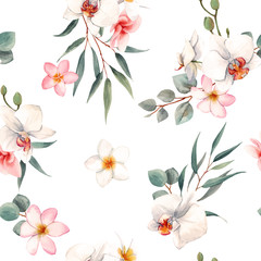 Watercolor orchid white flowers vector pattern