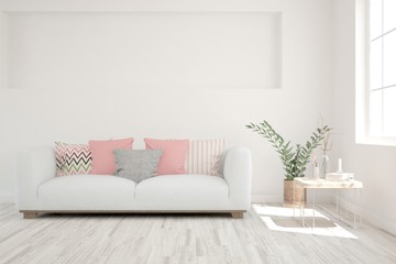 Stylish room in white color with sofa. Scandinavian interior design. 3D illustration