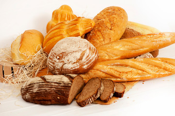 Several types of bread on white background