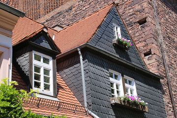 A lovely European rooftop, windows and window boxes with flowers