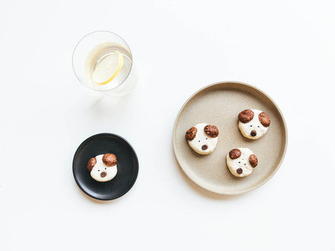 Cute homemade animal shaped cookies on ceramic plate with white background