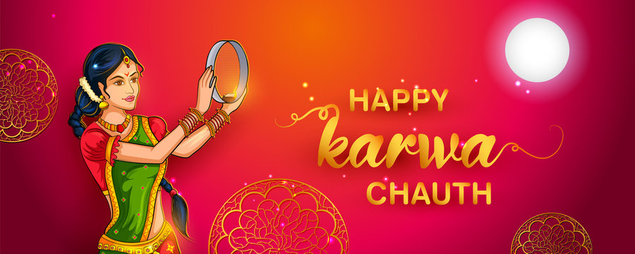 illustration of Indian woman performing Hindu married festival Karwa Cahuth looking moon through shieve