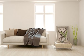 Stylish room in white color with sofa. Scandinavian interior design. 3D illustration