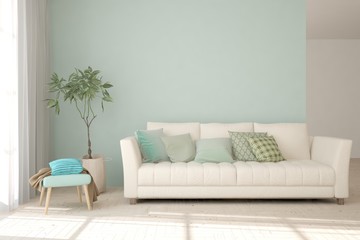 Stylish room in white color with sofa and green plant. Scandinavian interior design. 3D illustration