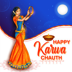 illustration of Indian woman performing Hindu married festival Karwa Cahuth looking moon through shieve