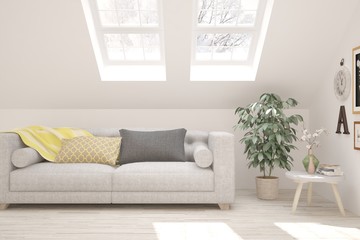 Stylish room in white color with sofa. Scandinavian interior design. 3D illustration