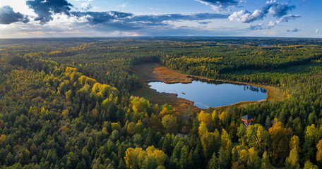 Fototapeta na wymiar Latvian autumn nature. View from the top. Kangari lake in forest.