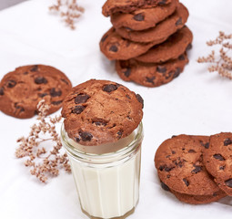 round chocolate cookie and  transparent glass with milk