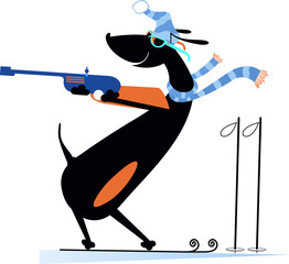Biathlon competitor dog illustration.  Shooting in the stand position biathlon competitor dog cartoon illustration