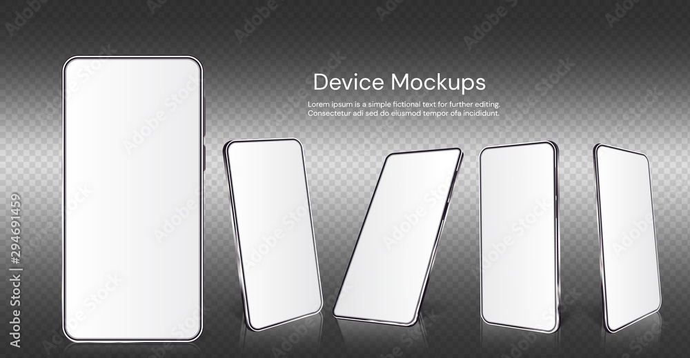 Poster realistic smartphone mockup. cellphone with blank display isolated templates, different angles views