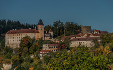 Fototapeta na wymiar Vimperk town with castle and railway near buildings in autumn sunny morning