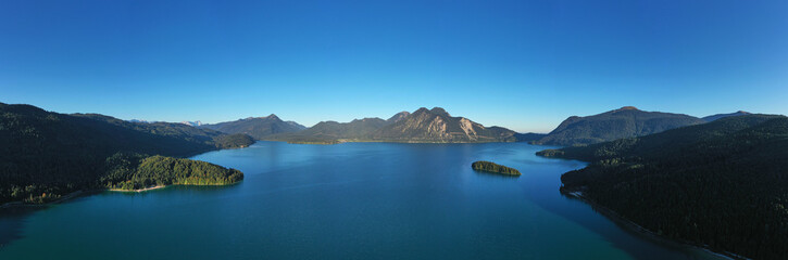 Naklejka premium Beautiful panorama of lake Walchensee, Bavaria Germany. Flying on drone. Island of Sassau