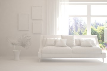 Mock up of stylish room in white color with sofa. Scandinavian interior design. 3D illustration