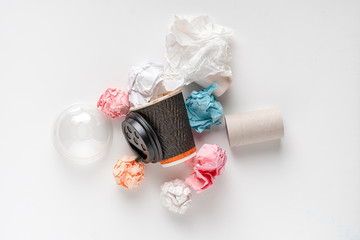 top view of some garbage of plastic and paper material, recycle to save environment