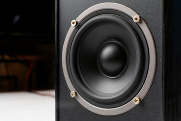 close up macro of black dynamic of sound audio speaker  monitors in studio