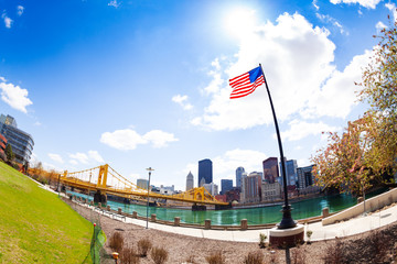 US national flag in Roberto Clemente Memorial Park