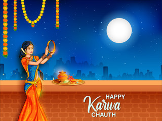 illustration of Indian woman performing Hindu married festival Karwa Cahuth looking moon through shieve