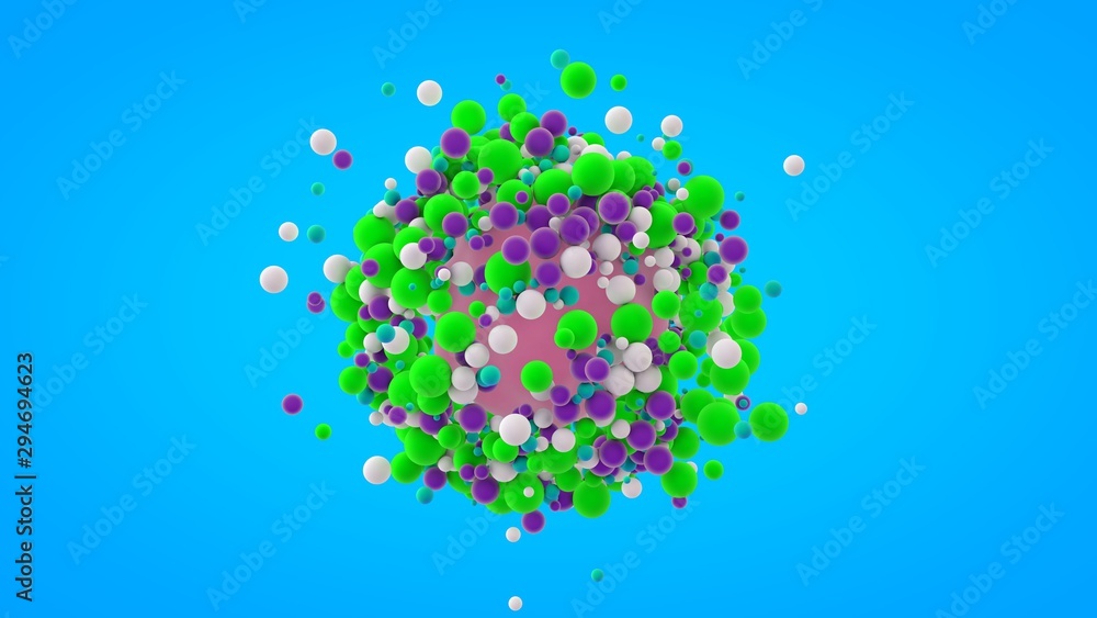 Poster 3d rendering of many colorful balls, small spheres around a large ball. abstract design, futuristic 