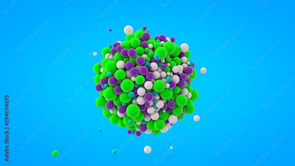 Poster 3d rendering of many colorful balls, small spheres around a large ball. abstract design, futuristic 