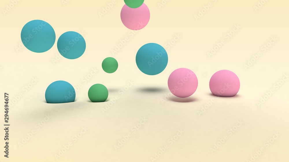 Poster 3d rendering of many colored balls of different sizes on a beige surface and in the space above the 