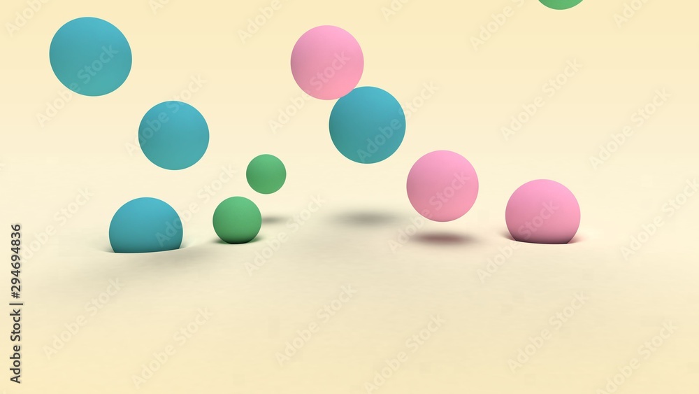 Poster 3d rendering of many colored balls of different sizes on a beige surface and in the space above the 