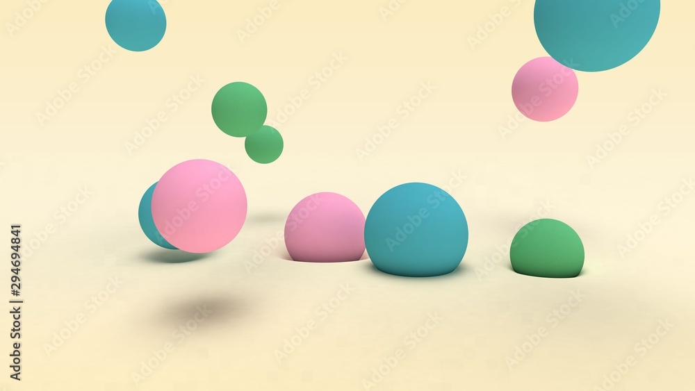 Poster 3d rendering of many colored balls of different sizes on a beige surface and in the space above the 
