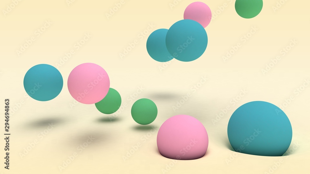 Poster 3d rendering of many colored balls of different sizes on a beige surface and in the space above the 