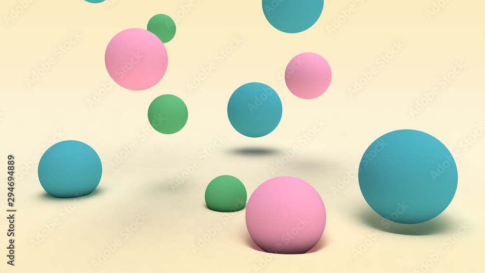 Poster 3d rendering of many colored balls of different sizes on a beige surface and in the space above the 