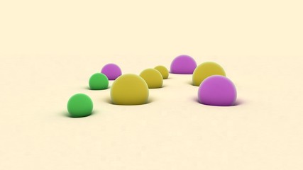 3D rendering of colored balls of different sizes on beige surface. The balls are immersed in a soft surface. Abstract background, futuristic design, desktop image, abstract compositions.